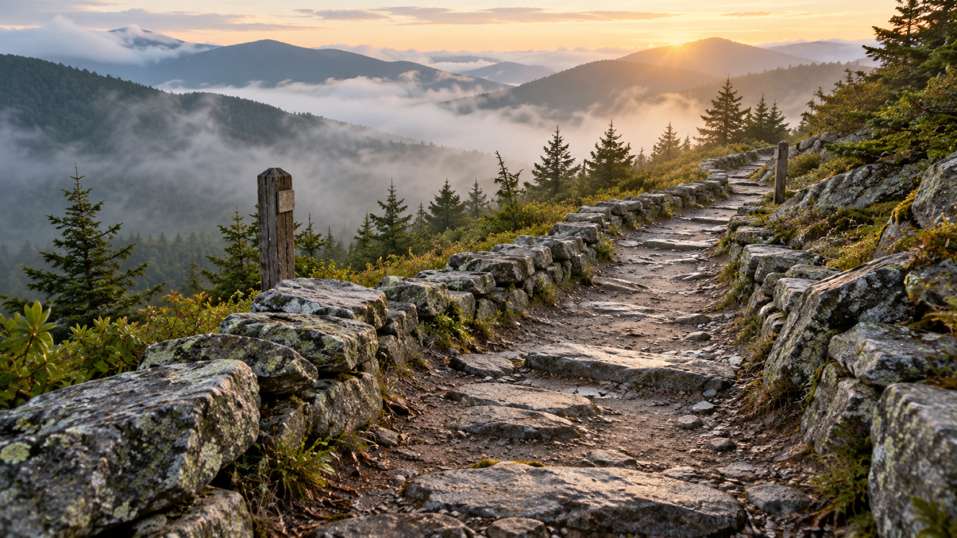 Stone-lined mountain trail follows clear markers toward morning light