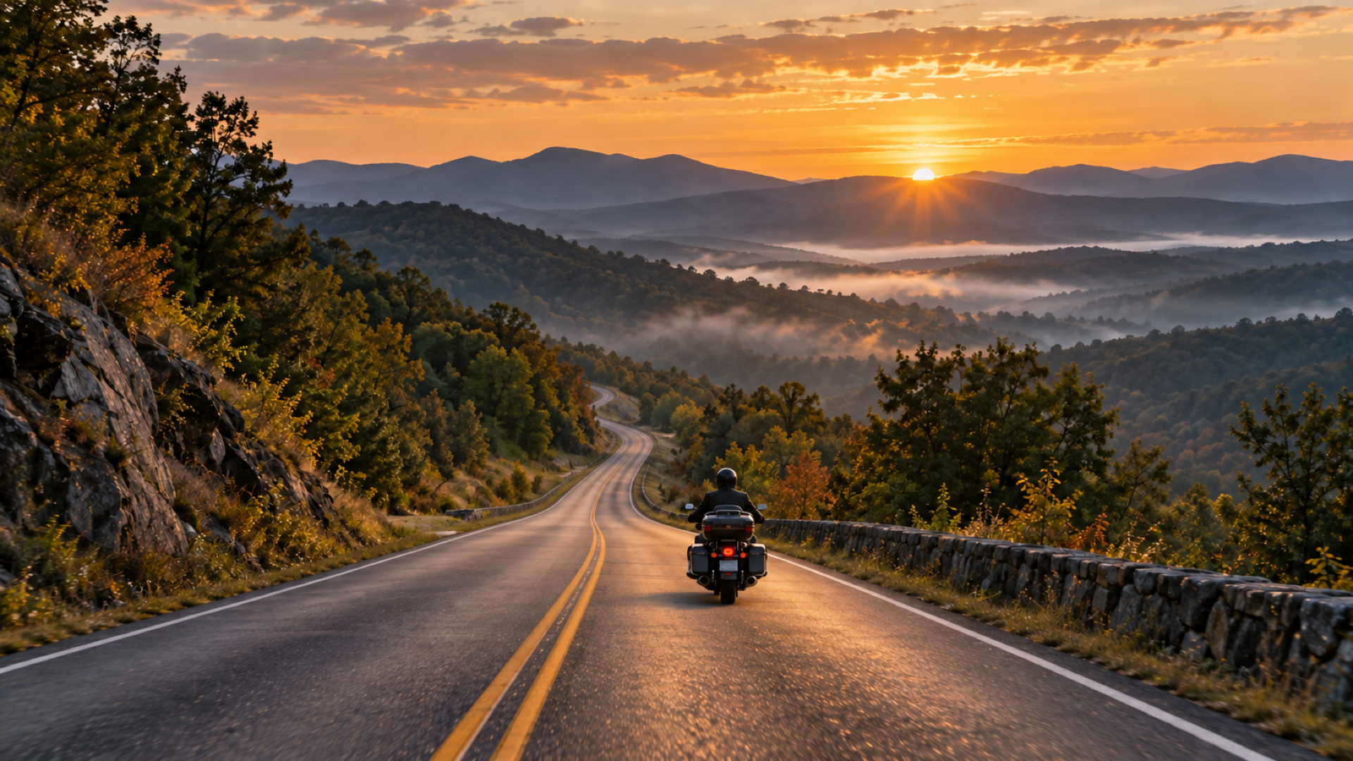 Motorcyclist riding in the right-hand lane toward sunrise on a mountain road